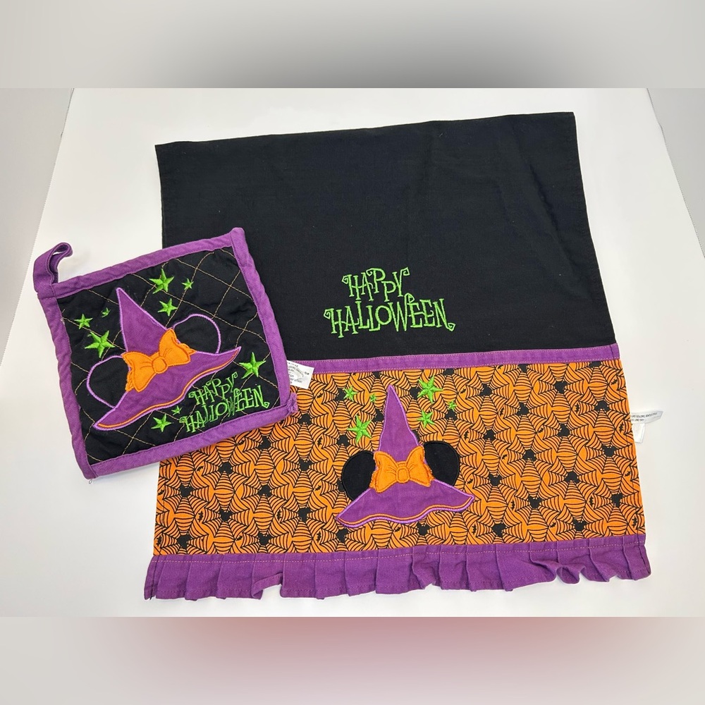 Disney Parks Halloween Towel & Pot Holder Purple Orange Mickey Towel 100% Cotton